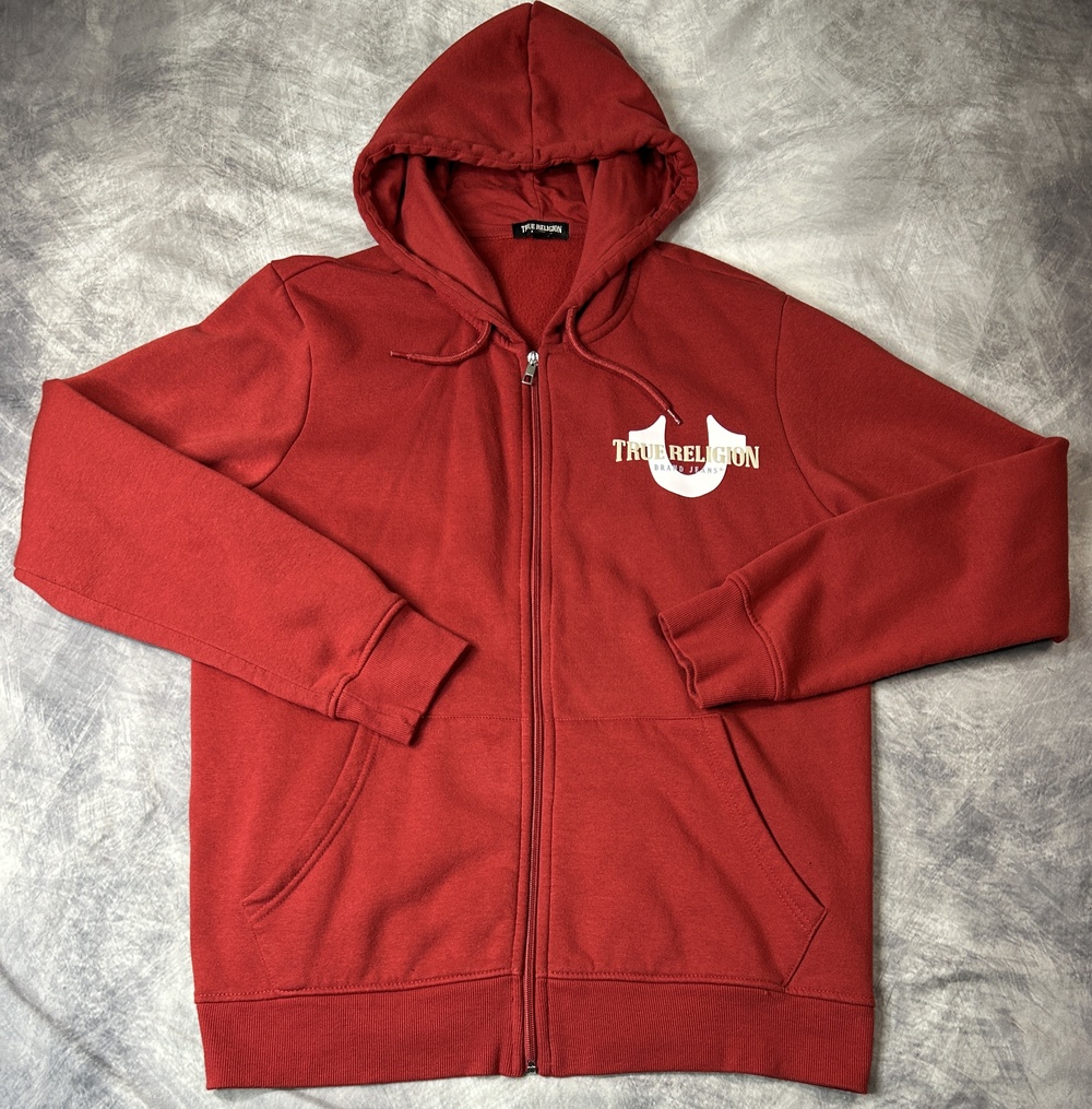 True Religion Hoodie Mens Large Red Full Zip Fleece Sweatshirt Graphic Logo